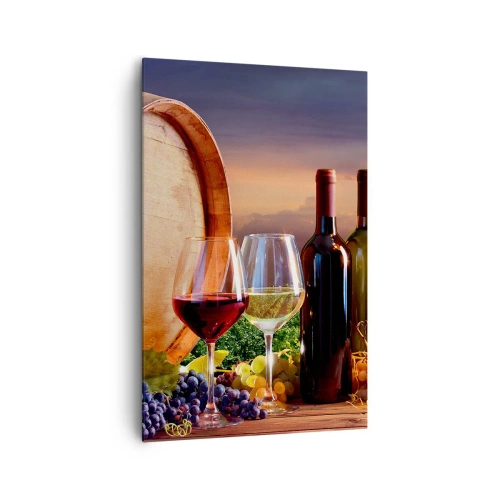 Cuadro sobre lienzo - Impresión de Imagen - Vino, copas y un barril en un paisaje pintoresco. - 80x120cm - Aquí la vida tiene un sabor - Decoración de pared moderna para salón y dormitorio ARTTOR