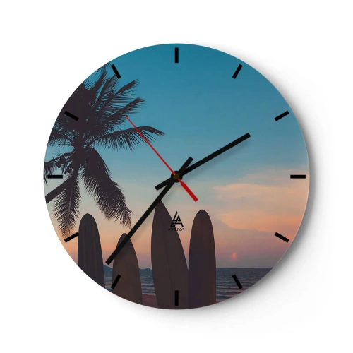 Reloj de pared - Reloj de vidrio - Playa con una palmera y tablas de surf al fondo - 30x30cm - Mañana también disfrutaremos - Decoración de pared moderna para salón, cocina y dormitorio ARTTOR