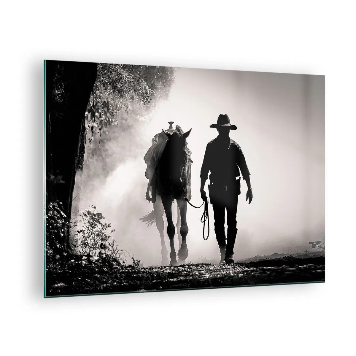 Cuadro sobre vidrio - Impresiones sobre Vidrio - Silueta de un vaquero guiando a un caballo a través de un paisaje brumoso - 70x50cm - La mañana de Texas - Decoración de pared moderna para salón y dormitorio ARTTOR