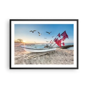 Póster en marco negro - Un barco en la playa al amanecer con gaviotas y banderas rojas. - 70x50cm - Un merecido descanso - Decoración de pared moderna para salón y dormitorio ARTTOR