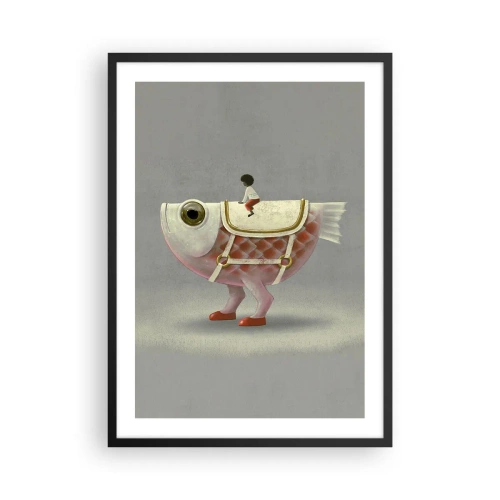 Póster en marco negro - Un pez de fantasía con una silla de montar y una figura sobre un fondo gris. - 50x70cm - Jinete del pescado - Decoración de pared moderna para salón y dormitorio ARTTOR