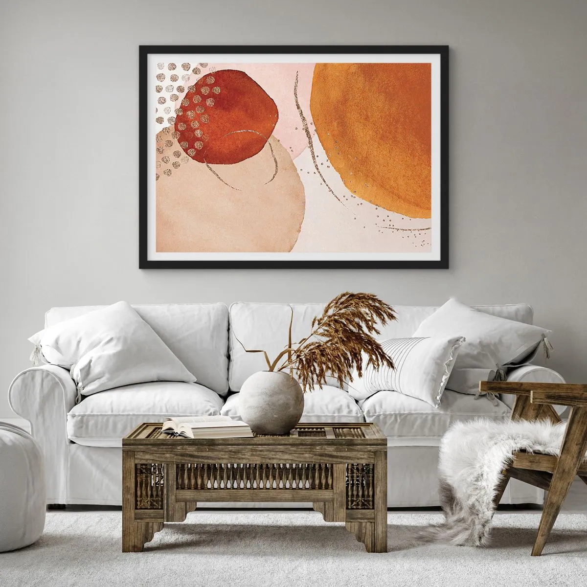 Póster en marco negro - Formas abstractas en tonos cálidos de marrón y dorado. - 70x50cm - Movimiento abstracto - Decoración de pared moderna para salón y dormitorio ARTTOR