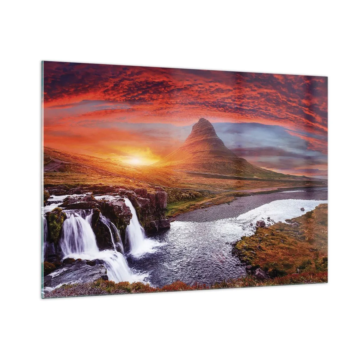 Cuadro sobre vidrio - Impresiones sobre Vidrio - Paisaje de montaña con cascada y puesta de sol - 100x70cm - Una vista de la Tierra Media - Decoración de pared moderna para salón y dormitorio ARTTOR