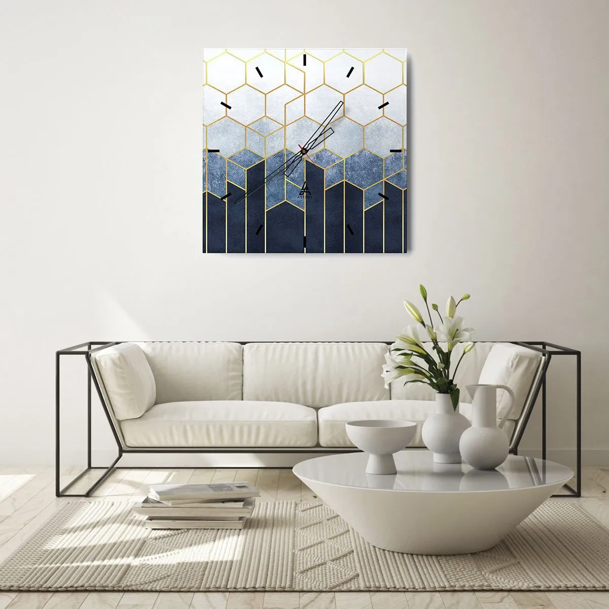 Reloj de pared - Reloj de vidrio - Patrón geométrico en tonos dorados y azul marino. - 30x30cm - Composición rítmica visual - Decoración de pared moderna para salón y dormitorio ARTTOR