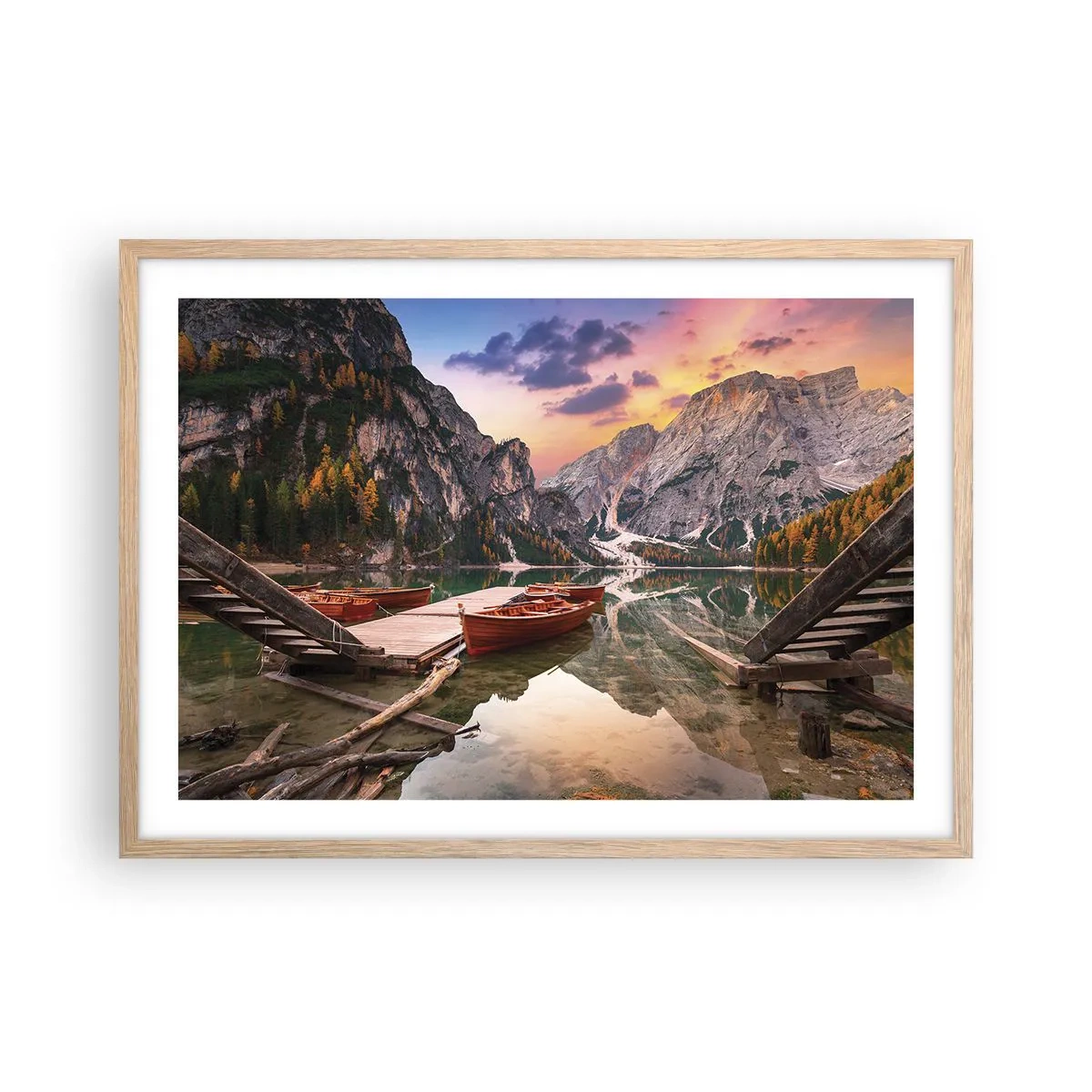 Póster en marco roble claro - Espejo entre montañas - 70x50 cm