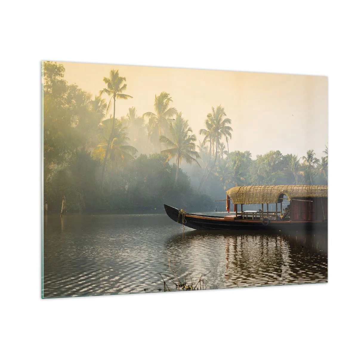 Cuadro sobre vidrio - Impresiones sobre Vidrio - Un barco en un río tranquilo rodeado de palmeras por la mañana. - 100x70cm - Casa en el río - Decoración de pared moderna para salón y dormitorio ARTTOR