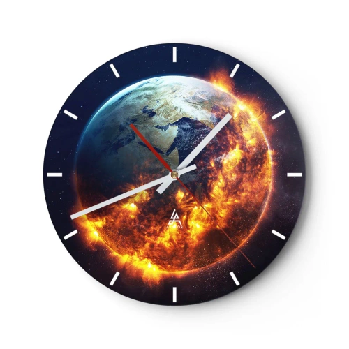 Reloj de pared - Reloj de vidrio - Tierra con un efecto espacial ardiente - 30x30cm - La llama del apocalipsis - Decoración de pared moderna para salón, cocina y dormitorio ARTTOR
