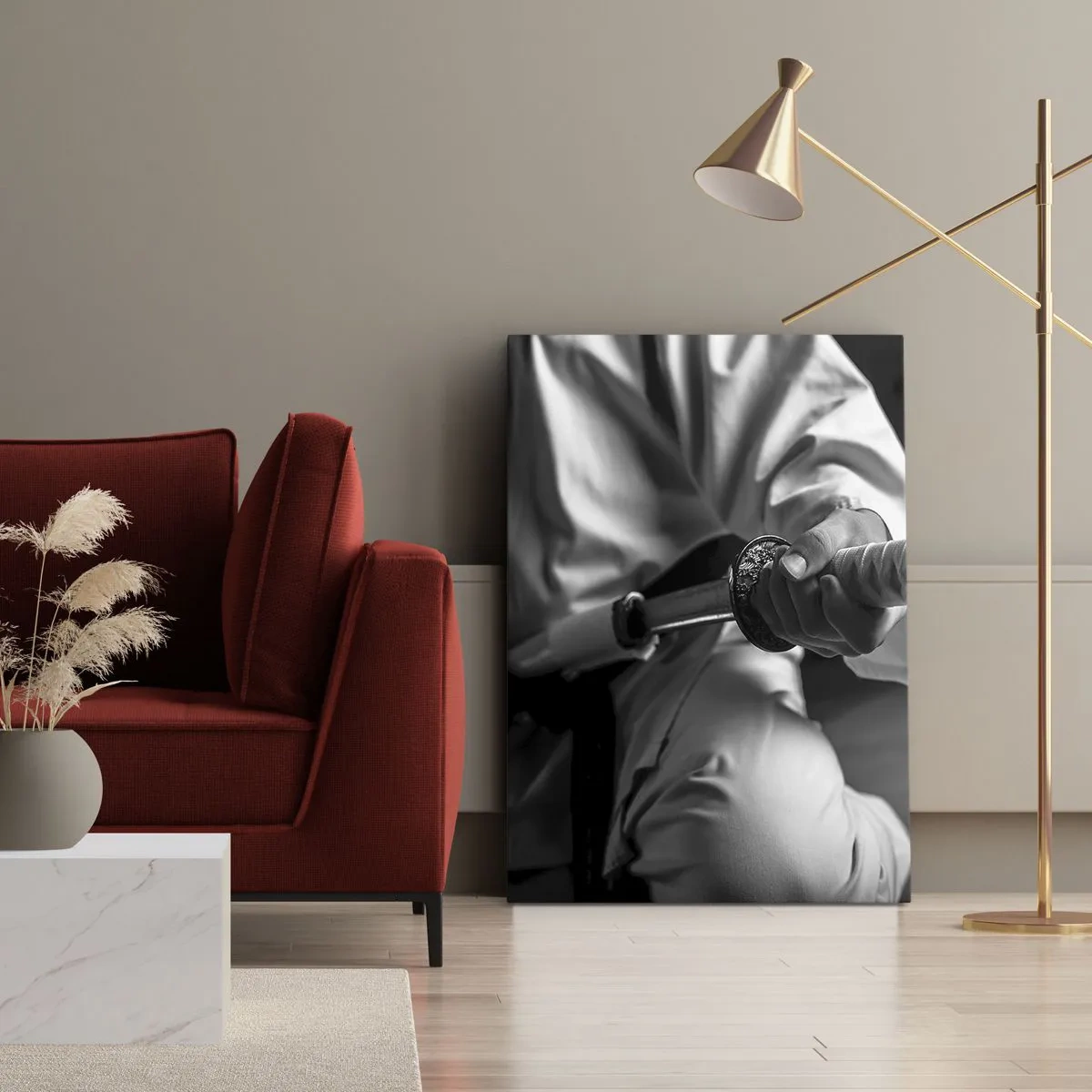 Cuadro sobre lienzo - Impresión de Imagen - Un samurái con kimono sosteniendo una katana en blanco y negro. - 50x70cm - Alma de guerrero - Decoración de pared moderna para salón y dormitorio ARTTOR