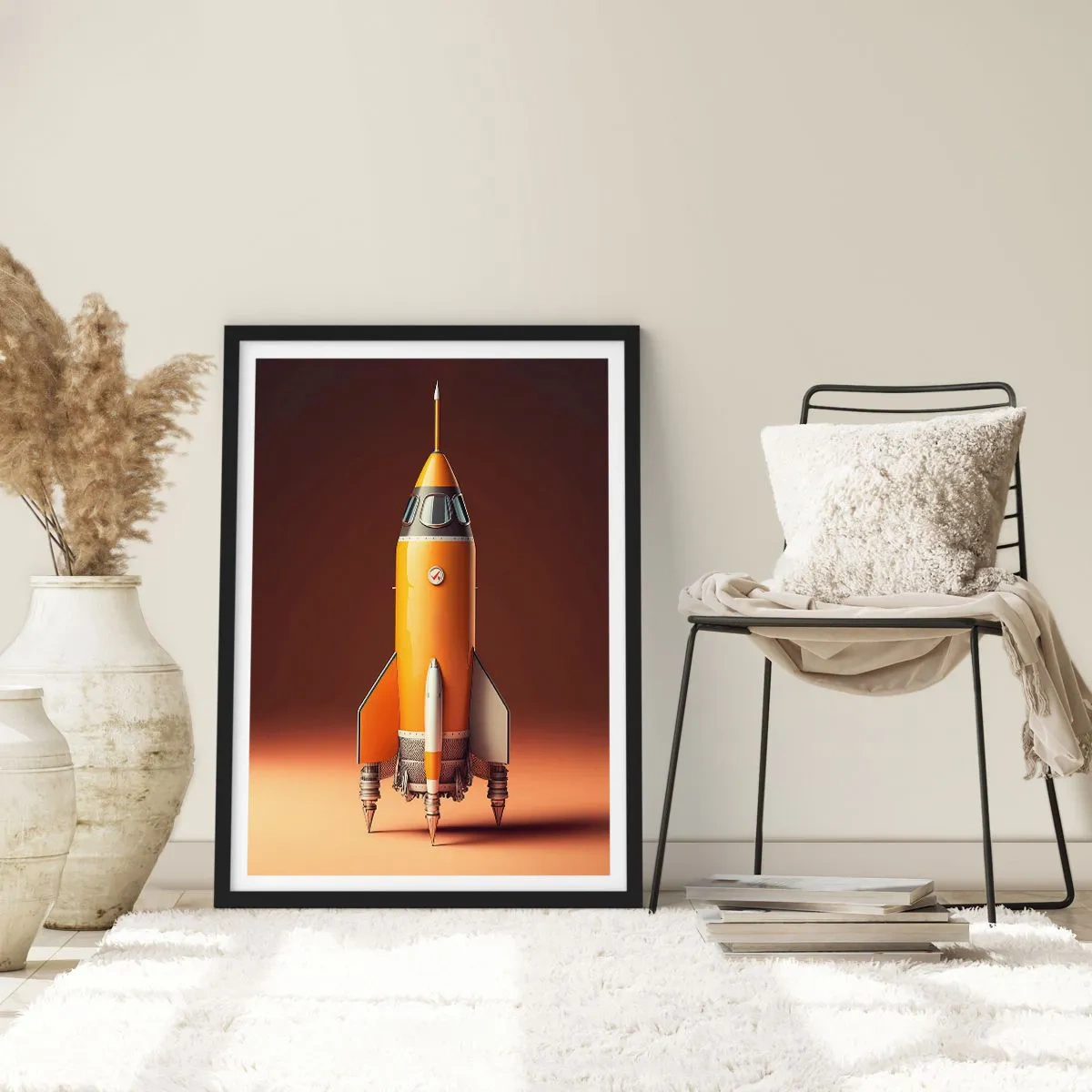 Póster en marco negro - Un cohete espacial moderno sobre un fondo de colores cálidos. - 50x70cm - Comienza con un sueño - Decoración de pared moderna para salón y dormitorio ARTTOR