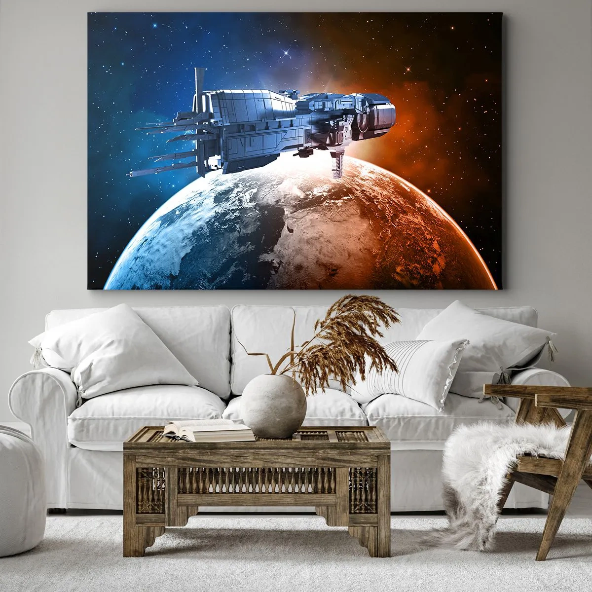 Cuadro sobre lienzo - Impresión de Imagen - Una nave espacial con un planeta en el espacio como telón de fondo. - 70x50cm - Un observador atento - Decoración de pared moderna para salón y dormitorio ARTTOR