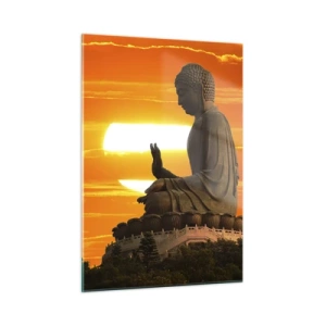 Cuadro sobre vidrio - Impresiones sobre Vidrio - Estatua de Buda con el sol poniente como telón de fondo - 50x70cm - Sin miedo al mundo - Decoración de pared moderna para salón y dormitorio ARTTOR