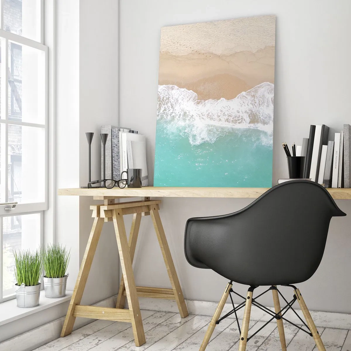 Cuadro sobre vidrio - Impresiones sobre Vidrio - Vista aérea de la playa con agua turquesa y olas blancas. - 50x70cm - Un toque acariciador - Decoración de pared moderna para salón y dormitorio ARTTOR