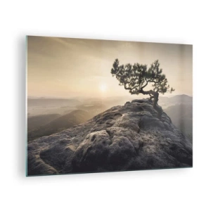 Cuadro sobre vidrio - Impresiones sobre Vidrio - Un árbol sobre una roca a la luz del sol naciente. - 70x50cm - La vida se abre camino - Decoración de pared moderna para salón y dormitorio ARTTOR