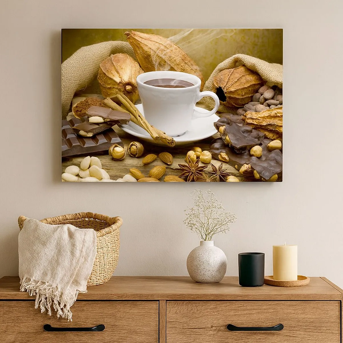 Cuadro sobre lienzo - Impresión de Imagen - Una taza de chocolate caliente rodeada de cacao y canela. - 70x50cm - Para los que buscan emociones - Decoración de pared moderna para salón y dormitorio ARTTOR