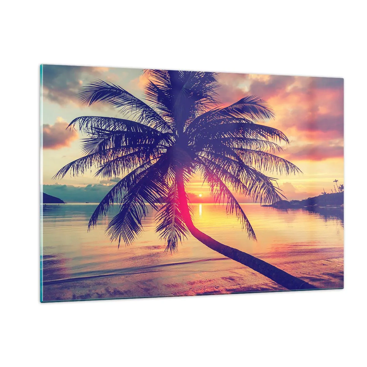 Cuadro sobre vidrio - Impresiones sobre Vidrio - Palmera al atardecer sobre un mar en calma - 120x80cm - Atardecer bajo las palmeras - Decoración de pared moderna para salón y dormitorio ARTTOR
