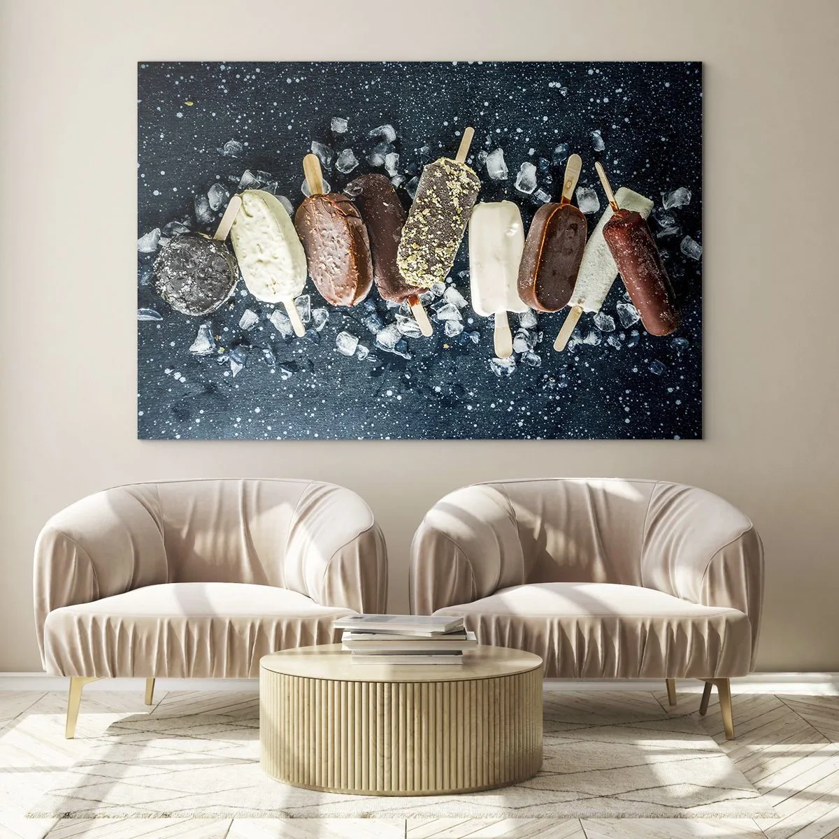 Cuadro sobre vidrio - Impresiones sobre Vidrio - Paletas de varios sabores dispuestas sobre cubitos de hielo. - 100x70cm - El sabor del verano caluroso - Decoración de pared moderna para salón y dormitorio ARTTOR