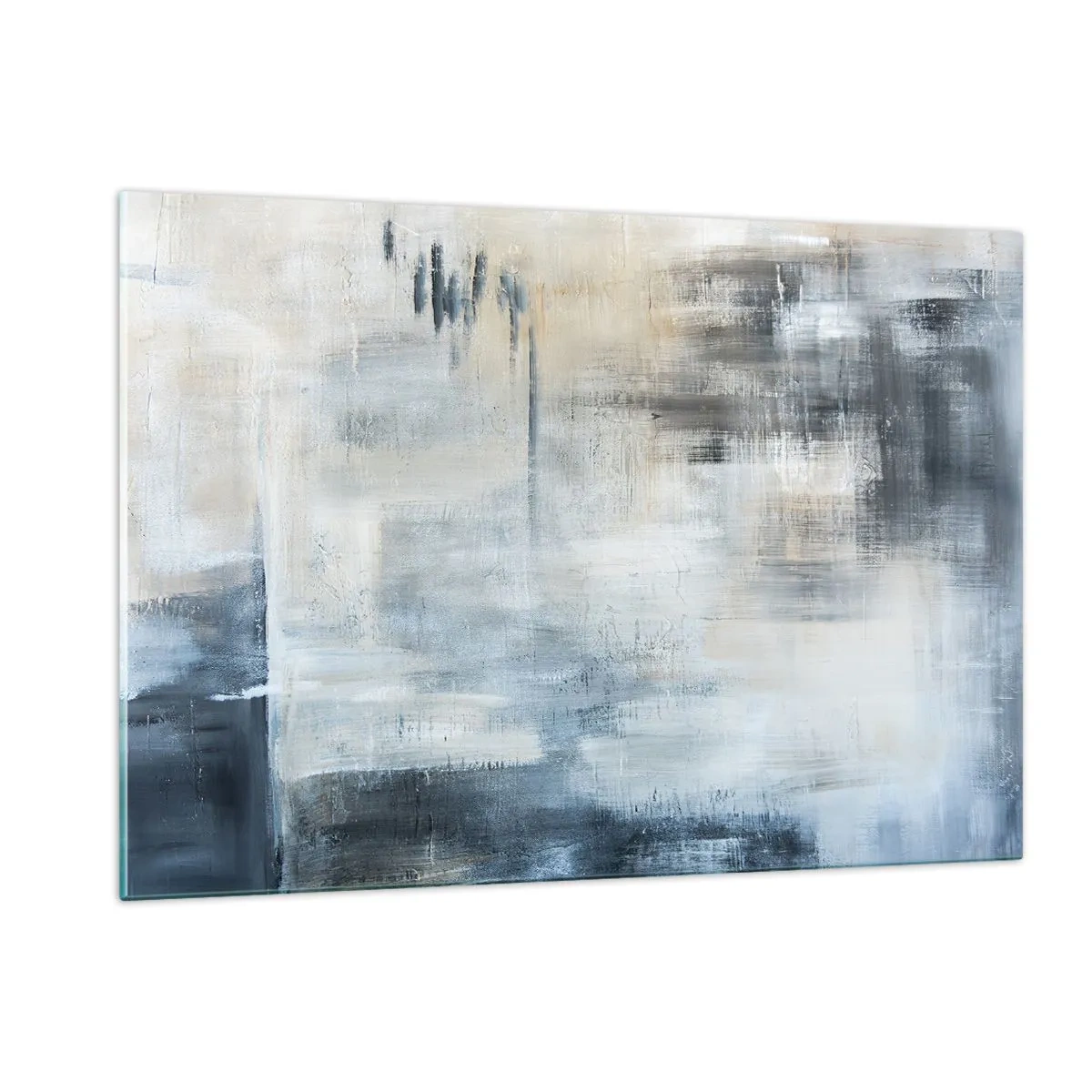 Cuadro sobre vidrio - Impresiones sobre Vidrio - Composición abstracta en tonos azules y grises. - 120x80cm - Detrás de un velo azul - Decoración de pared moderna para salón y dormitorio ARTTOR