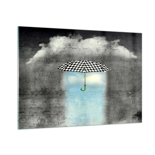 Cuadro sobre vidrio - Impresiones sobre Vidrio - Un paraguas a cuadros blancos y negros sobre un fondo de lluvia y nubes. - 100x70cm - Y sin embargo, es posible - Decoración de pared moderna para salón y dormitorio ARTTOR