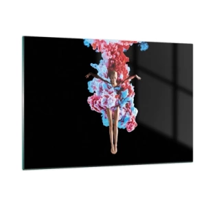 Cuadro sobre vidrio - Impresiones sobre Vidrio - Una bailarina rodeada de humo de colores sobre un fondo negro. - 120x80cm - En plena floración - Decoración de pared moderna para salón y dormitorio ARTTOR