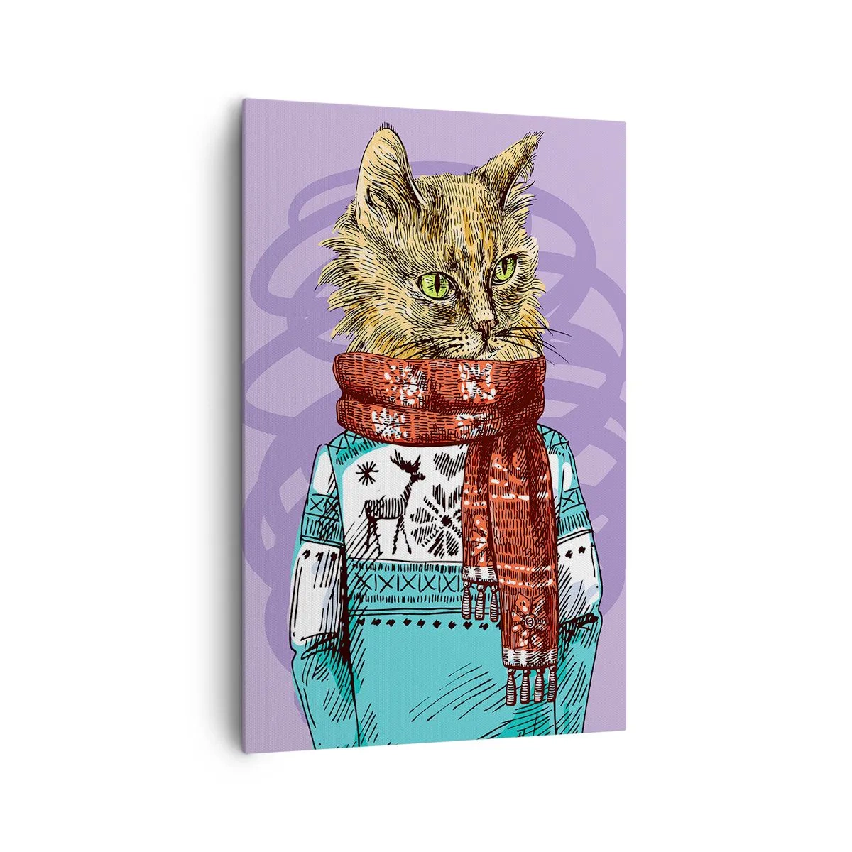 Cuadro sobre lienzo - Impresión de Imagen - Un gato con un suéter y una bufanda sobre un fondo morado. - 80x120cm - El gato no solo tenía botas - Decoración de pared moderna para salón y dormitorio ARTTOR