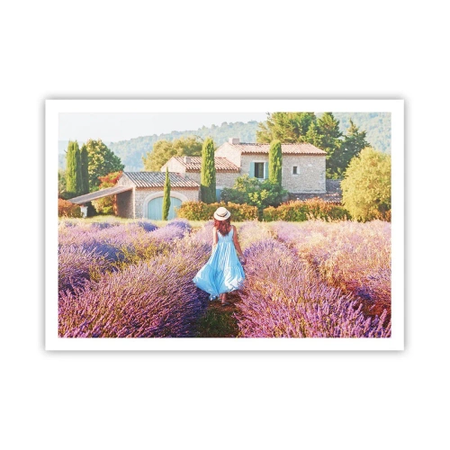 Póster - Una mujer con un vestido azul caminando por un campo de lavanda con vistas a una casa. - 100x70cm - La chica de la lavanda - Decoración de pared moderna para salón y dormitorio ARTTOR