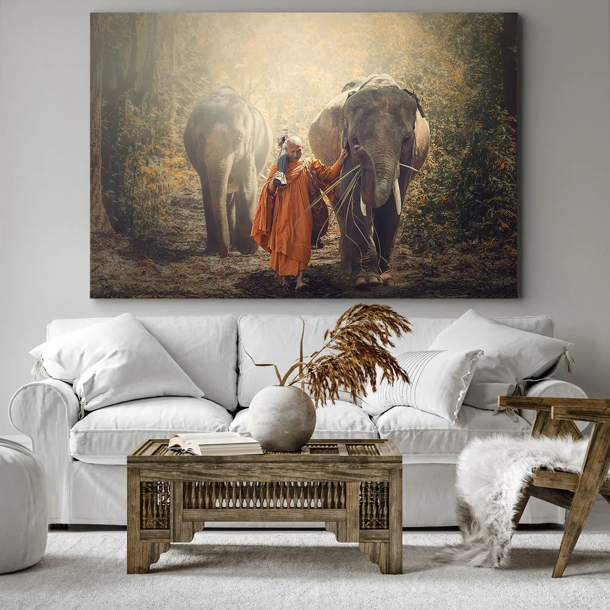Cuadro sobre lienzo - Impresión de Imagen - Un monje con una túnica naranja guía un elefante en el bosque. - 70x50cm - Comprensión total - Decoración de pared moderna para salón y dormitorio ARTTOR