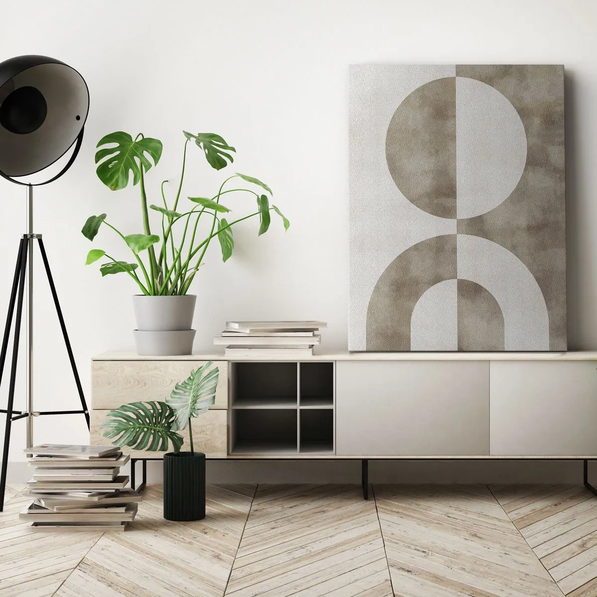 Cuadro sobre lienzo - Impresión de Imagen - Un cuadro abstracto en tonos beige con formas geométricas y simetría. - 50x70cm - Similitudes y diferencias - Decoración de pared moderna para salón y dormitorio ARTTOR