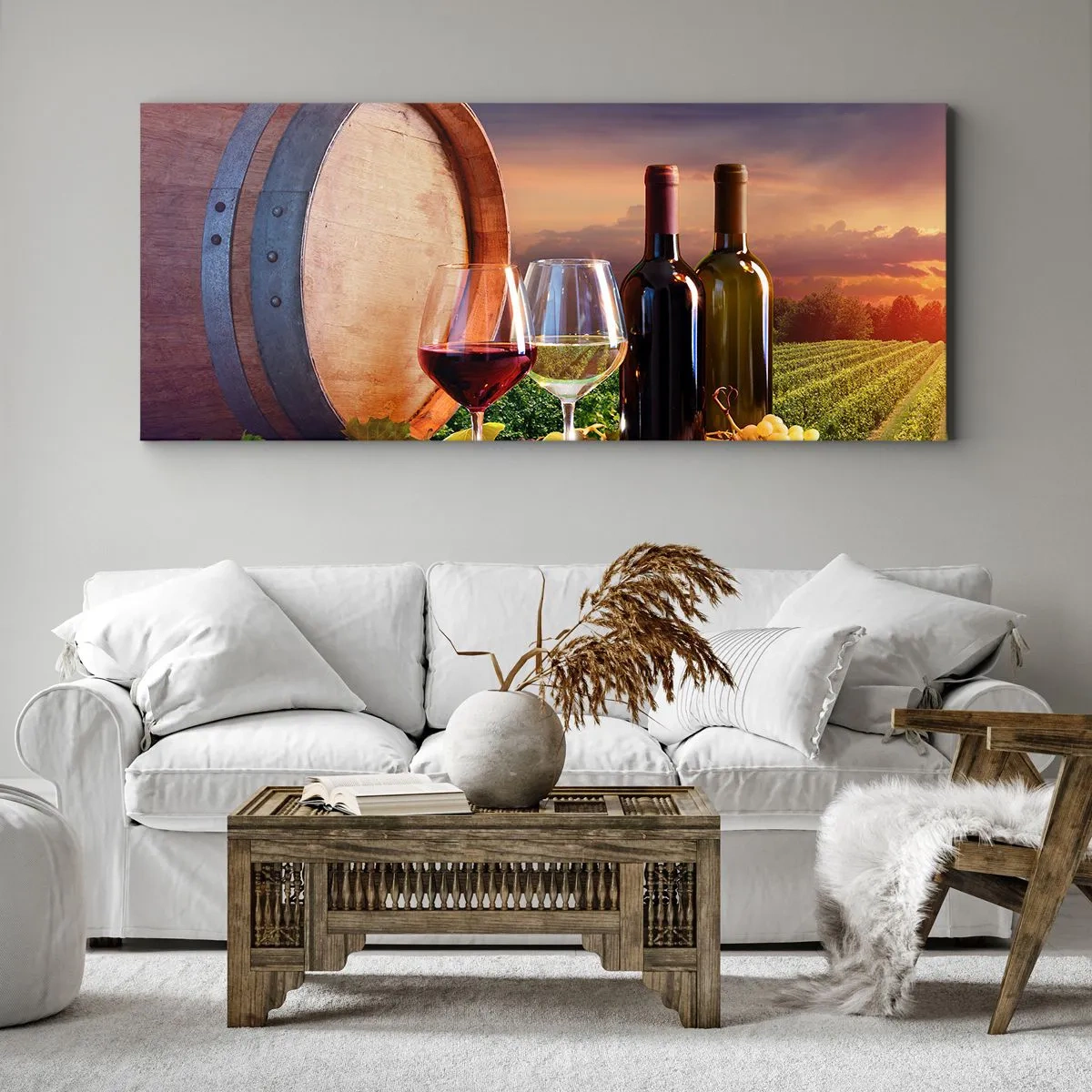 Cuadro sobre lienzo - Impresión de Imagen - Vino, copas y un barril en un paisaje pintoresco. - 120x50cm - Aquí la vida tiene un sabor - Decoración de pared moderna para salón y dormitorio ARTTOR
