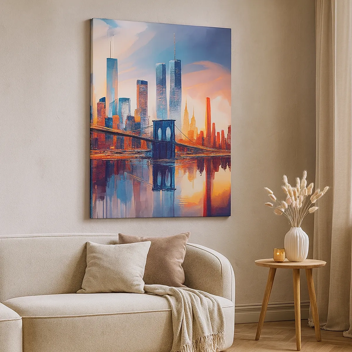 Cuadro sobre lienzo - Impresión de Imagen - Panorama de la ciudad de Nueva York con puente y reflejo en el agua - 50x70cm - Nueva York siempre luce - Decoración de pared moderna para salón y dormitorio ARTTOR