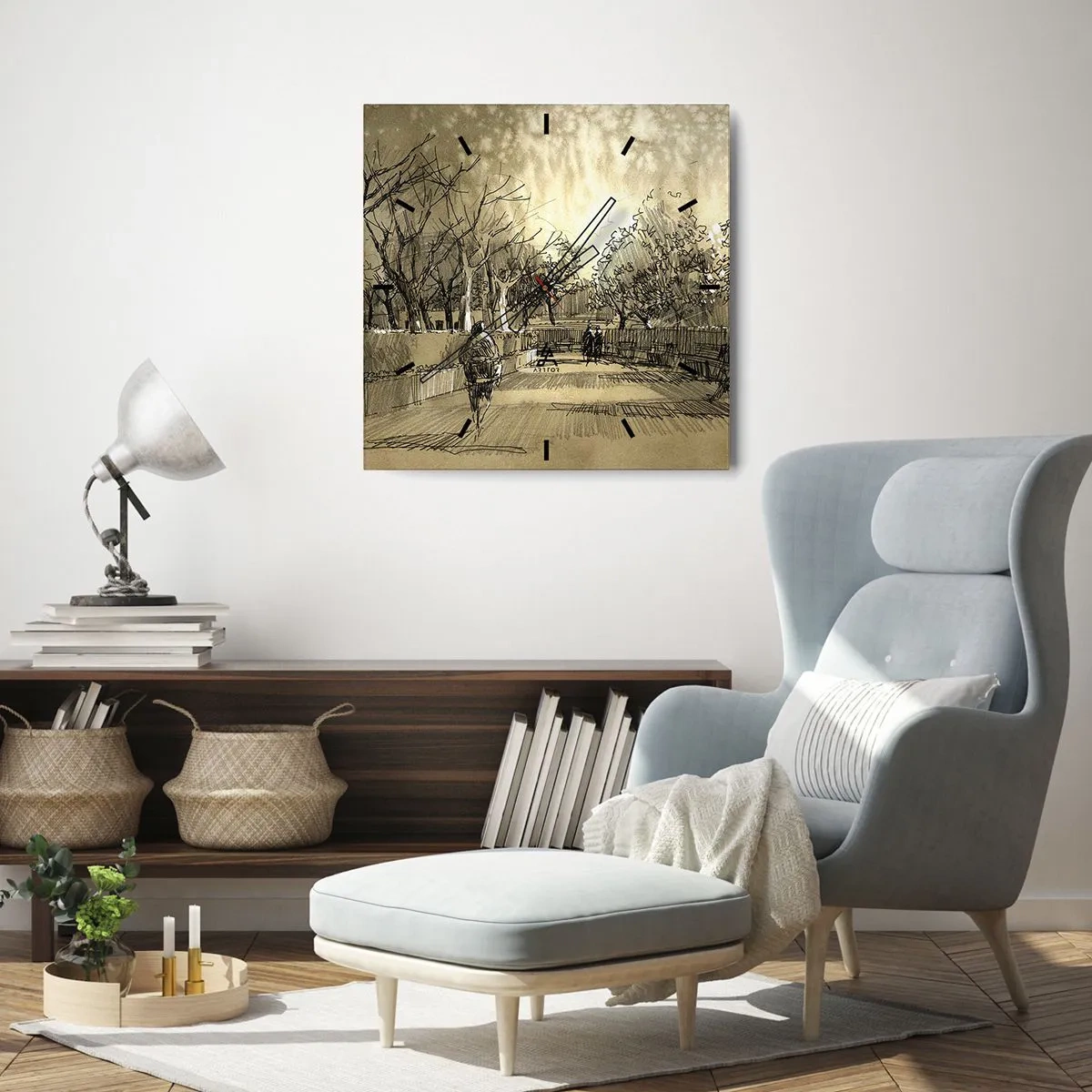 Reloj de pared - Reloj de vidrio - Una escena de dibujos animados de un parque con gente caminando en tonos cálidos. - 30x30cm - Un momento hecho a pluma - Decoración de pared moderna para salón y dormitorio ARTTOR