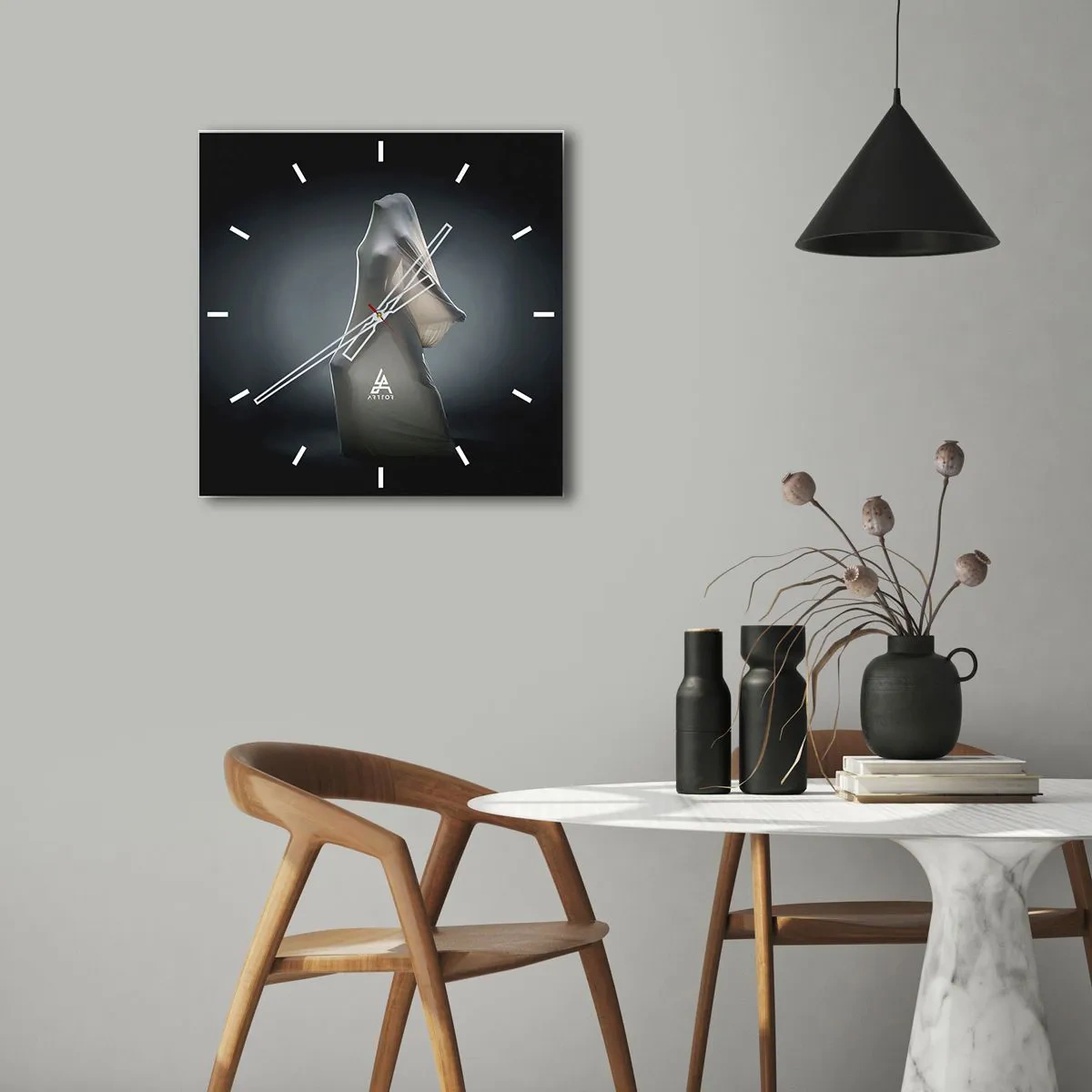Reloj de pared - Reloj de vidrio - Una figura en tela blanca sobre un fondo oscuro. - 30x30cm - Deseos ocultos - Decoración de pared moderna para salón y dormitorio ARTTOR