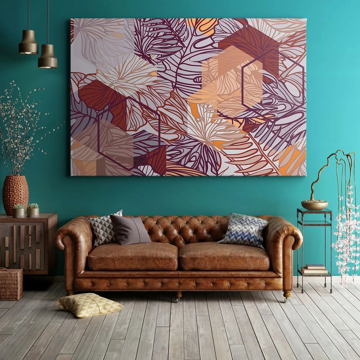 Cuadro sobre lienzo - Impresión de Imagen - Un patrón decorativo de hojas tropicales en tonos morado, naranja y beige. - 70x50cm - La unión imposible de la geometría y la naturaleza - Decoración de pared moderna para salón y dormitorio ARTTOR