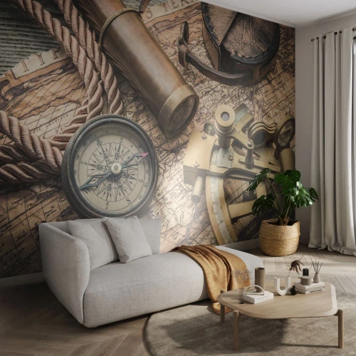 Fotomural Premium Canvas - Una brújula, un sextante y un telescopio sobre el fondo de un mapa antiguo y una cuerda náutica. - 100x70cm - Establecer un rumbo - Decoración de pared moderna para salón y dormitorio ARTTOR