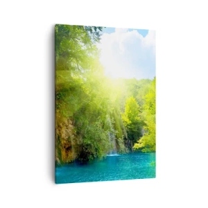 Cuadro sobre lienzo - Impresión de Imagen - Una cascada que desemboca en un lago turquesa rodeado de vegetación. - 50x70cm - Debe ser el Edén - Decoración de pared moderna para salón y dormitorio ARTTOR