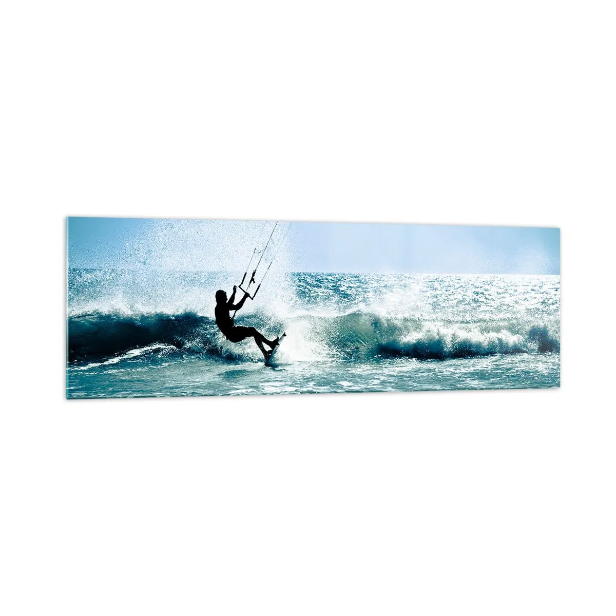 Cuadro sobre vidrio - Impresiones sobre Vidrio - Kitesurfista montando una ola a pleno sol - 160x50cm - Déjate llevar - Decoración de pared moderna para salón y dormitorio ARTTOR