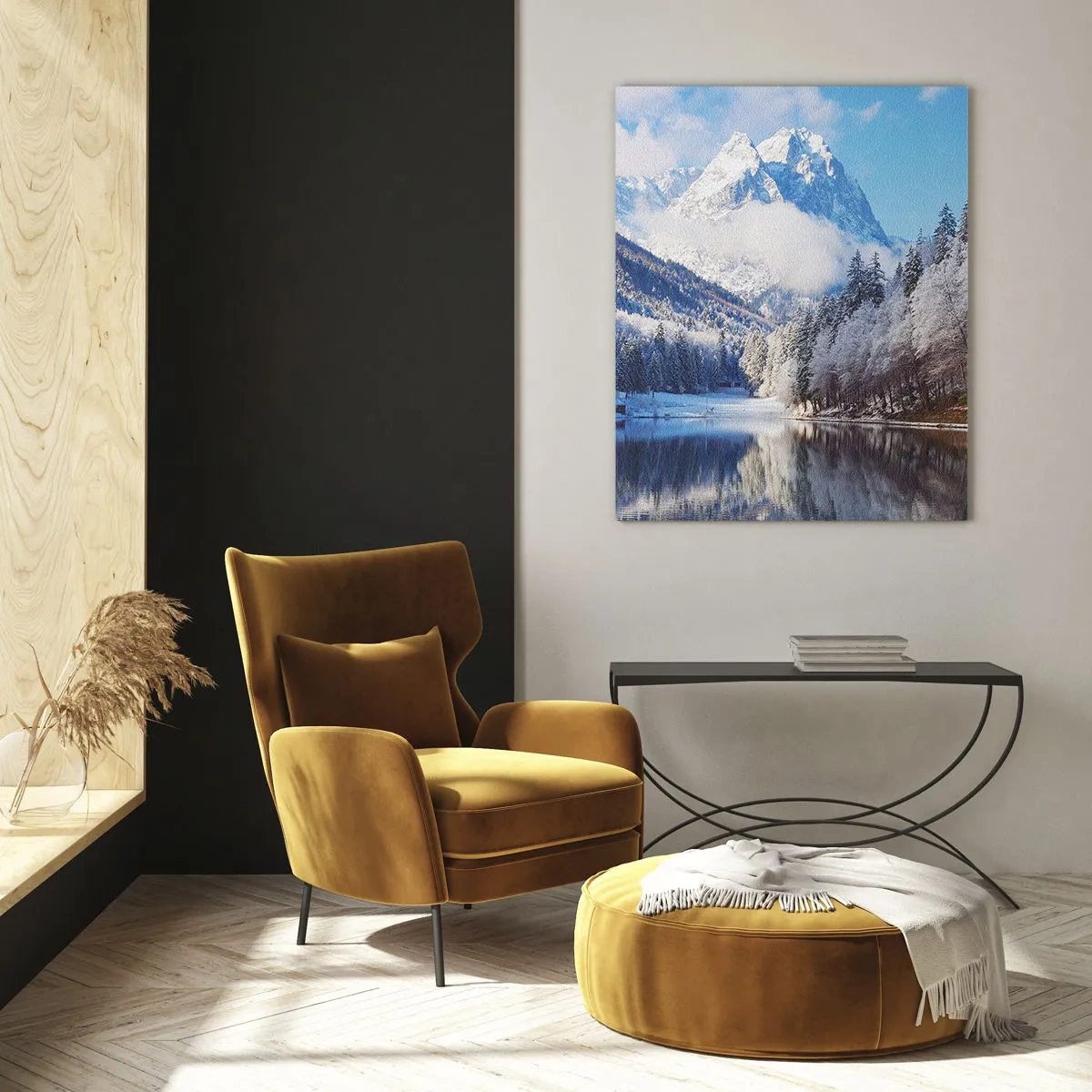 Cuadro sobre vidrio - Impresiones sobre Vidrio - Paisaje invernal de montaña con árboles cubiertos de nieve y un lago. - 70x100cm - Guardia de nieve - Decoración de pared moderna para salón y dormitorio ARTTOR