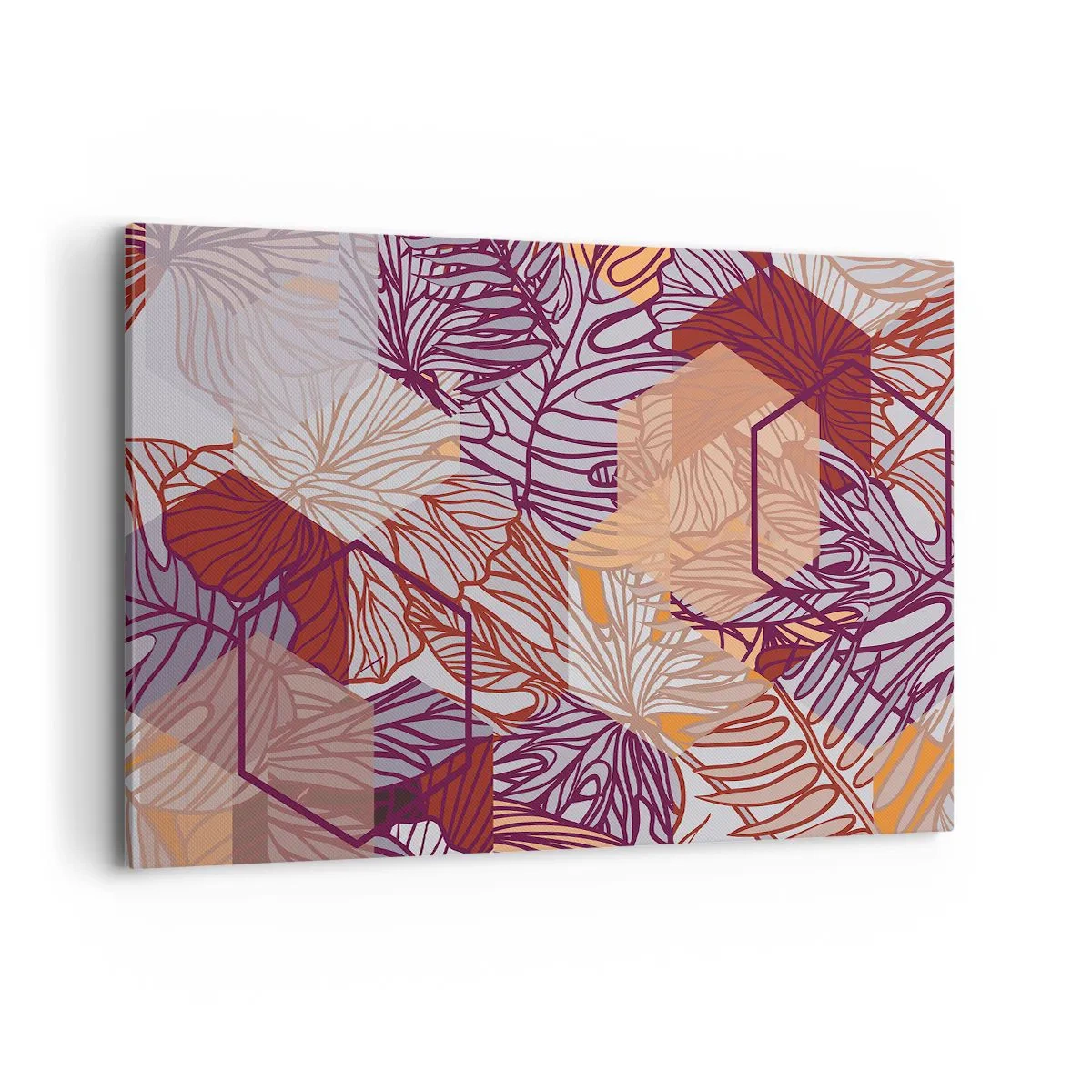 Cuadro sobre lienzo - Impresión de Imagen - Un patrón decorativo de hojas tropicales en tonos morado, naranja y beige. - 120x80cm - La unión imposible de la geometría y la naturaleza - Decoración de pared moderna para salón y dormitorio ARTTOR