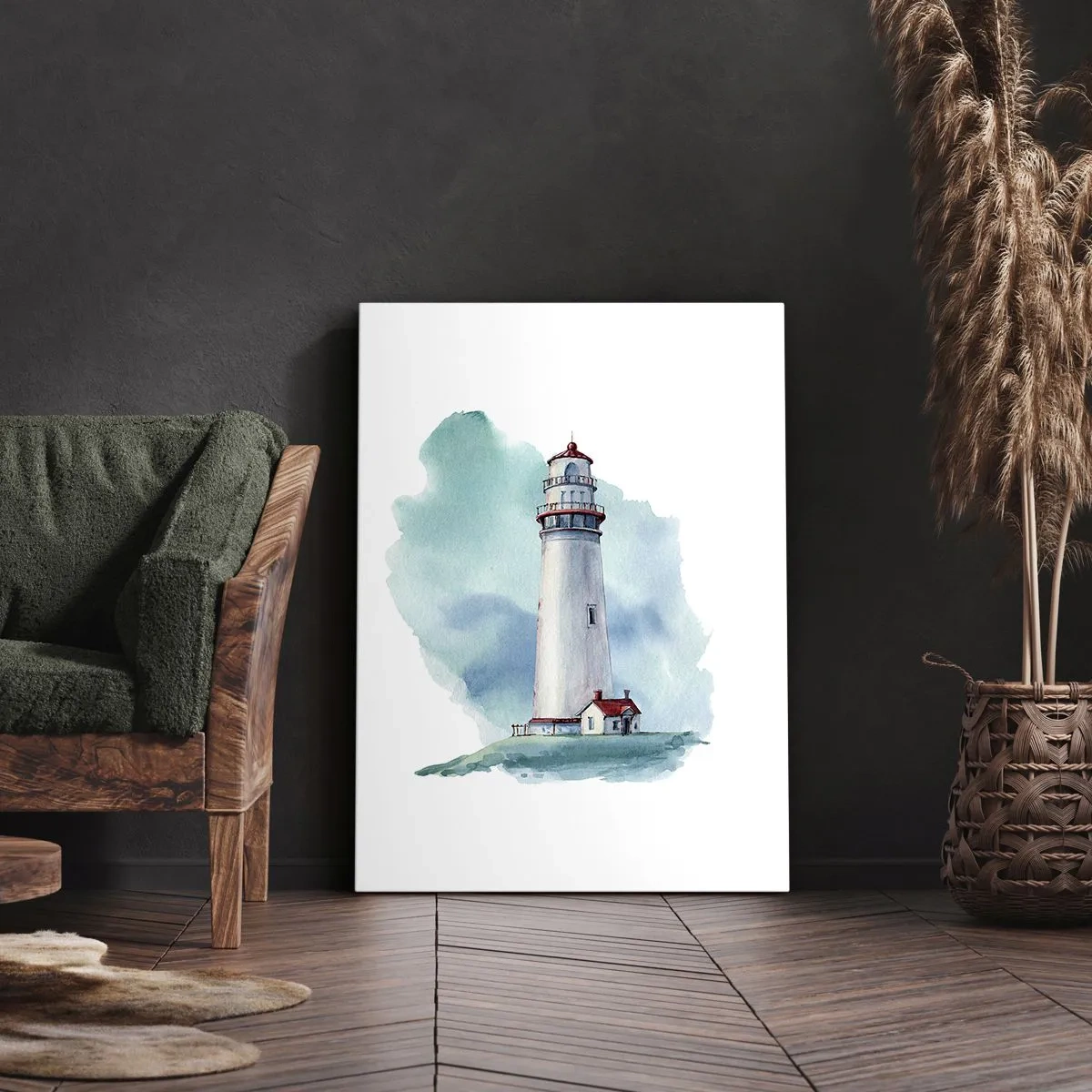 Cuadro sobre lienzo - Impresión de Imagen - Un faro sobre un fondo azul de acuarela. - 70x100cm - Gentil hermana del azul - Decoración de pared moderna para salón y dormitorio ARTTOR