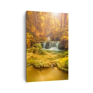 Cuadro sobre lienzo - Impresión de Imagen - Una cascada dorada en un bosque otoñal rodeado de vegetación. - 80x120cm - Cascada forestal en oro - Decoración de pared moderna para salón y dormitorio ARTTOR