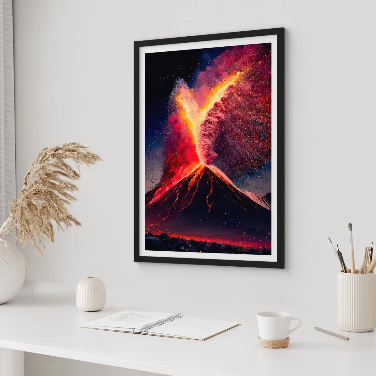 Póster en marco negro - Un volcán en erupción en un paisaje nocturno. - 50x70cm - Belleza y horror - Decoración de pared moderna para salón y dormitorio ARTTOR