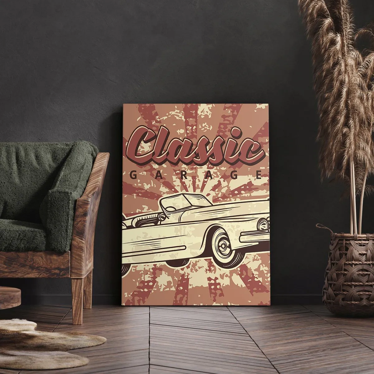 Cuadro sobre lienzo - Impresión de Imagen - Póster retro con un coche clásico y las palabras Classic Garage - 50x70cm - Y Elvis en la radio - Decoración de pared moderna para salón y dormitorio ARTTOR