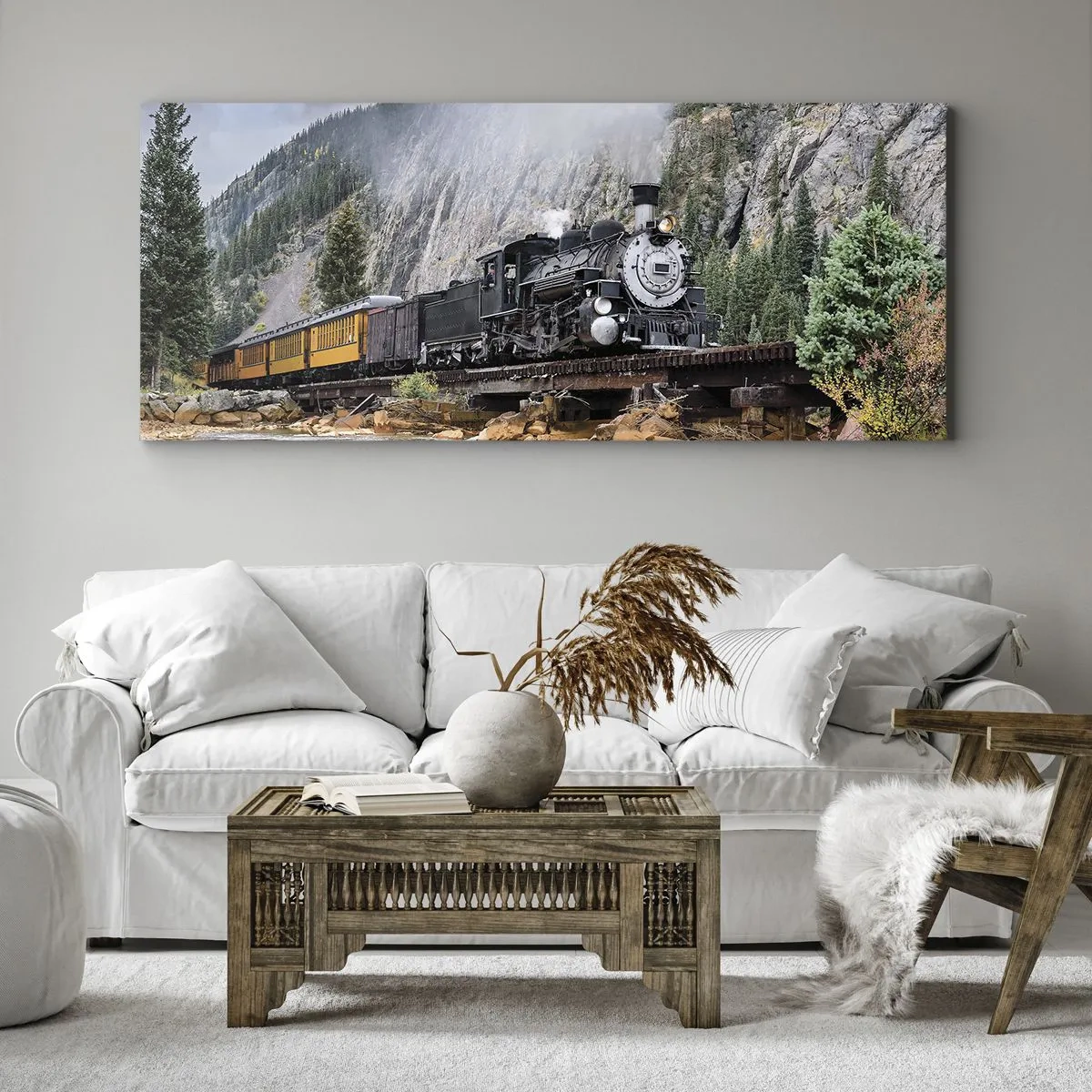 Cuadro sobre lienzo - Impresión de Imagen - Una locomotora de vapor en un puente en un pintoresco paisaje montañoso. - 160x50cm - ¿Adónde me llevas? - Decoración de pared moderna para salón y dormitorio ARTTOR
