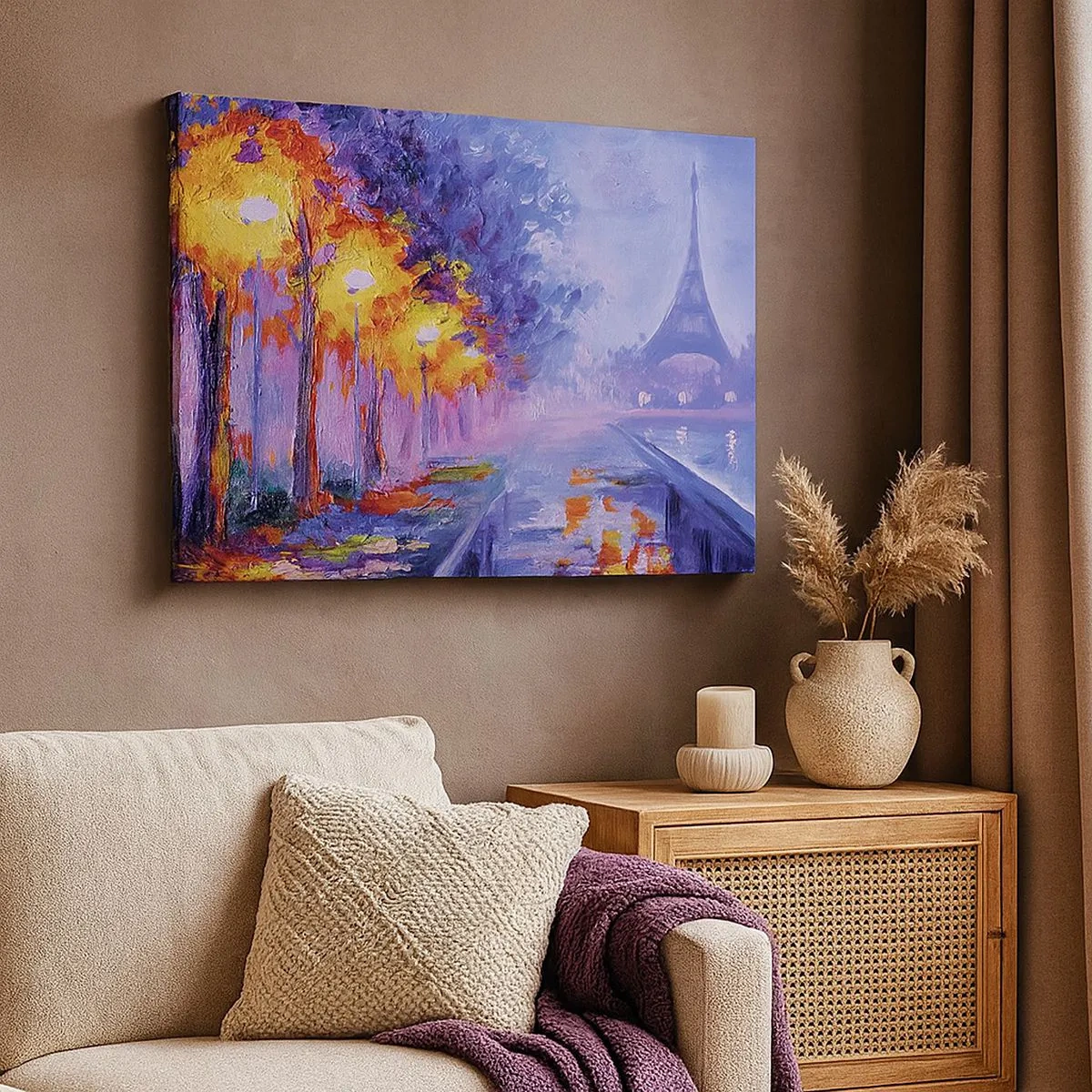 Cuadro sobre lienzo - Impresión de Imagen - Una avenida con farolas en París con la Torre Eiffel al fondo - 70x50cm - Un paseo de ensueño - Decoración de pared moderna para salón y dormitorio ARTTOR