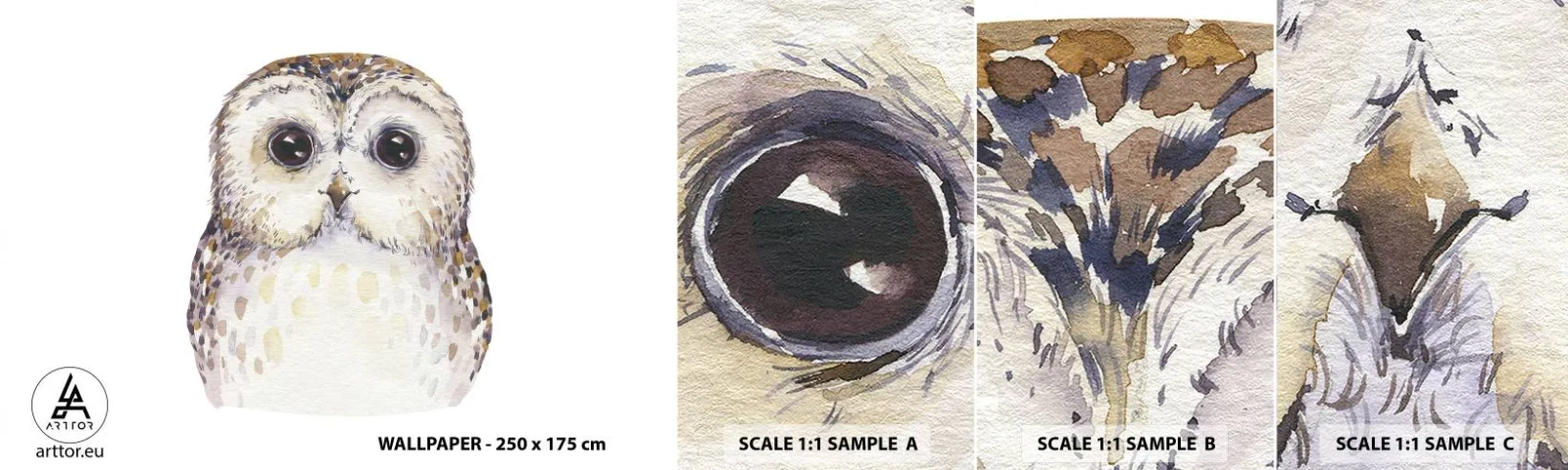 Muestra de fotomural autoadhesivo Deluxe Sticker - Mírame a los ojos - Búho, Pájaro, Gráficos - 100x30 cm