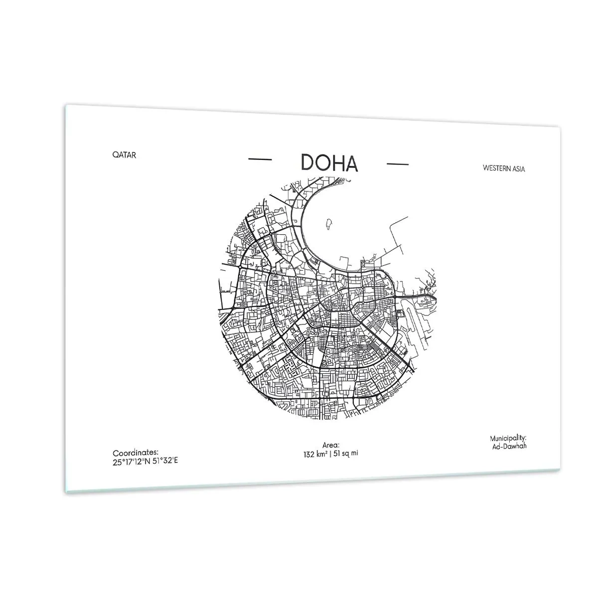 Cuadro sobre vidrio - Impresiones sobre Vidrio - Un mapa gráfico de Doha en un estilo minimalista en blanco y negro. - 120x80cm - Anatomía de Doha - Decoración de pared moderna para salón y dormitorio ARTTOR