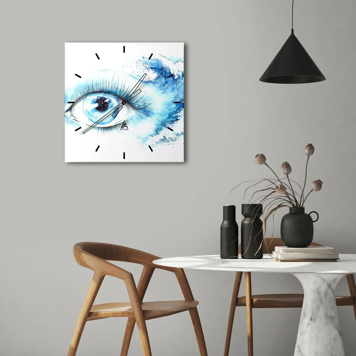 Reloj de pared - Reloj de vidrio - Acuarela artística de un ojo con una onda dinámica. - 30x30cm - Sumérgete en el azul de tu mirada - Decoración de pared moderna para salón y dormitorio ARTTOR