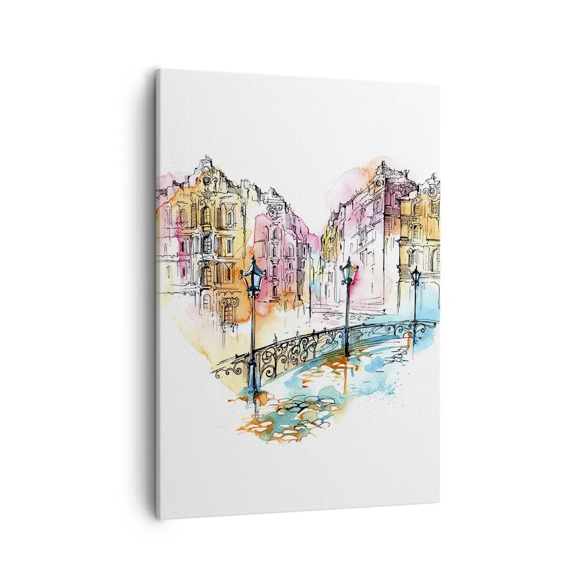Cuadro sobre lienzo - Impresión de Imagen - Acuarela de un puente y casas de vecindad en forma de corazón - 50x70cm - El corazón de la ciudad - Decoración de pared moderna para salón y dormitorio ARTTOR