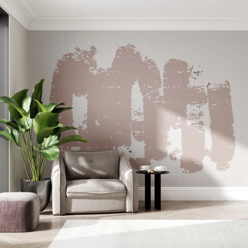 Fotomural Premium Sand - Trazos abstractos beige y rosas sobre un fondo blanco - 100x70cm - Abstracción en rosa suave - Decoración de pared moderna para salón y dormitorio ARTTOR
