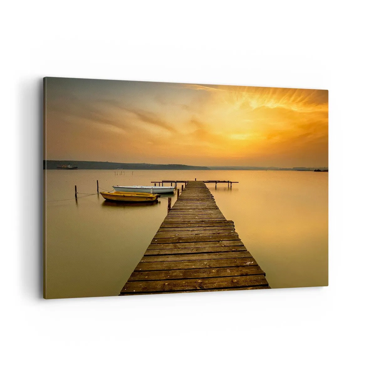 Cuadro sobre lienzo - Impresión de Imagen - Muelle de madera y barcos en el lago al atardecer - 100x70cm - Abriré el cielo dorado para ti - Decoración de pared moderna para salón y dormitorio ARTTOR