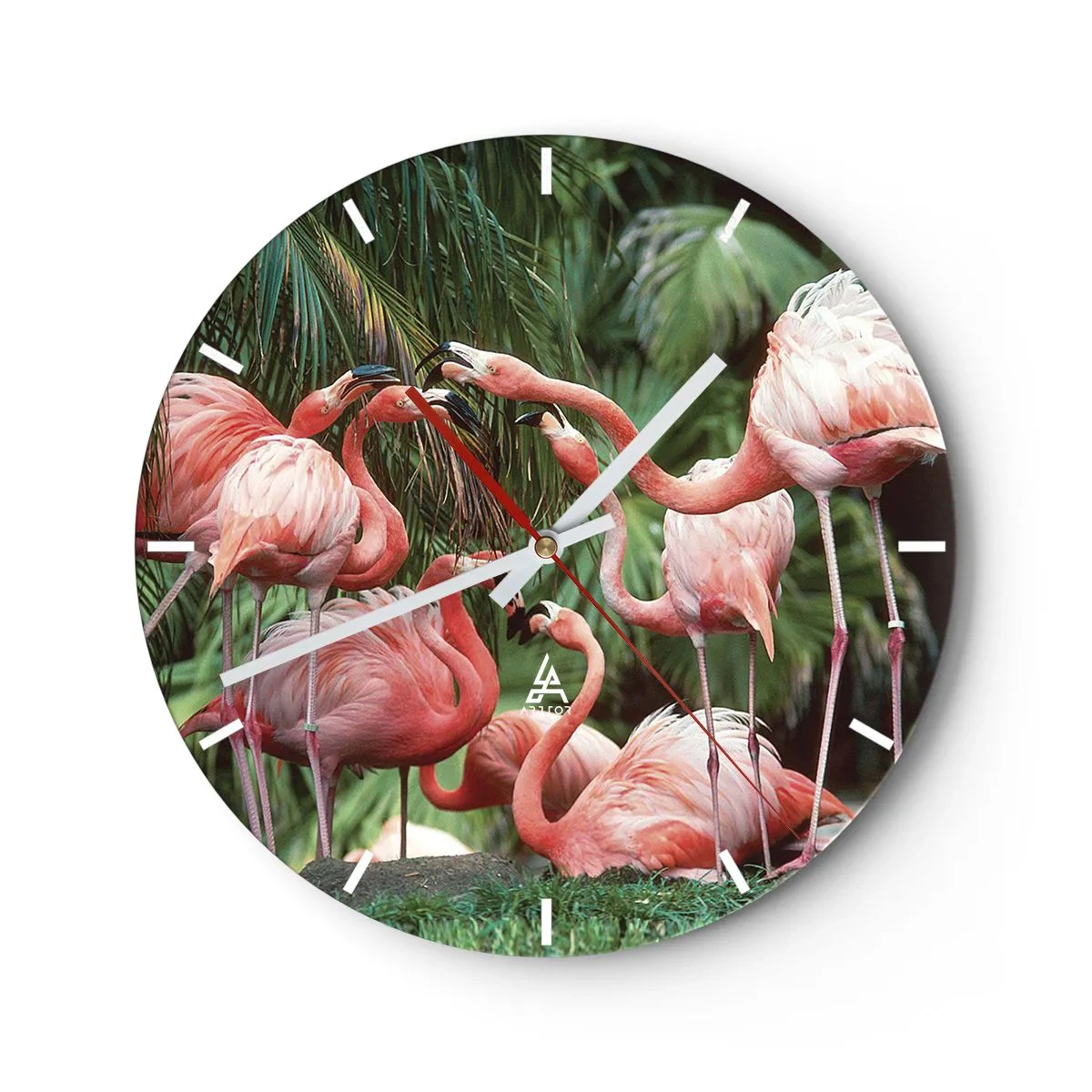 Reloj de pared - Reloj de vidrio - Flamencos rosados con un fondo de exuberante vegetación tropical. - 30x30cm - Cotilleos de la tarde - Decoración de pared moderna para salón, cocina y dormitorio ARTTOR
